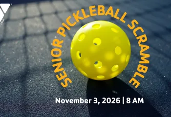 pickleball banner with "senior pickleball scramble" and "November 3, 2026 | 8 AM" written on it